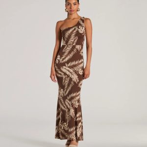 Out Of Office One Shoulder Tropical Maxi Dress