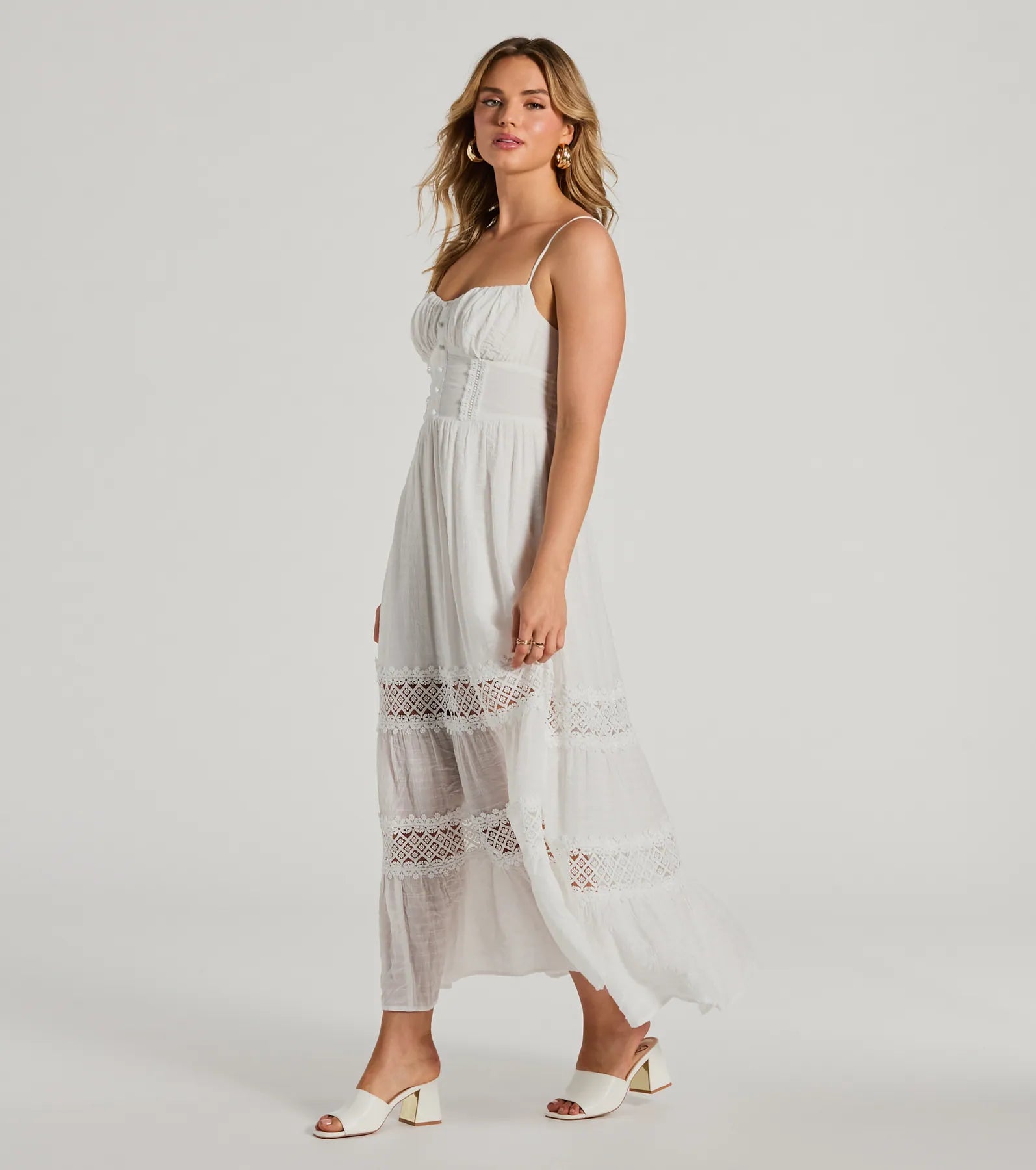 Feel The Romance Sweetheart Button Lace Trim Maxi Dress - Image 4