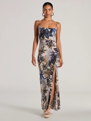 Summer Vacay Lace-Up Tropical Maxi Dress