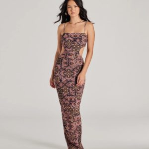 Serving Vibes Cutout Geometric Mesh Maxi Dress