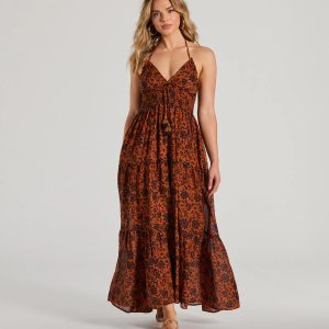 Stunning One Halter V-Neck Ruffle Floral Maxi Dress