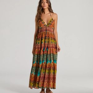 Summer Dreams Halter V-Neck Boho Chiffon Maxi Dress