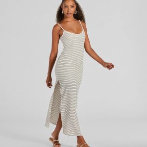 Weekend Vibes High Slit Striped Knit Maxi Dress