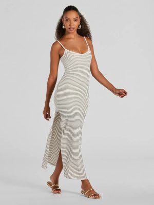 Weekend Vibes High Slit Striped Knit Maxi Dress