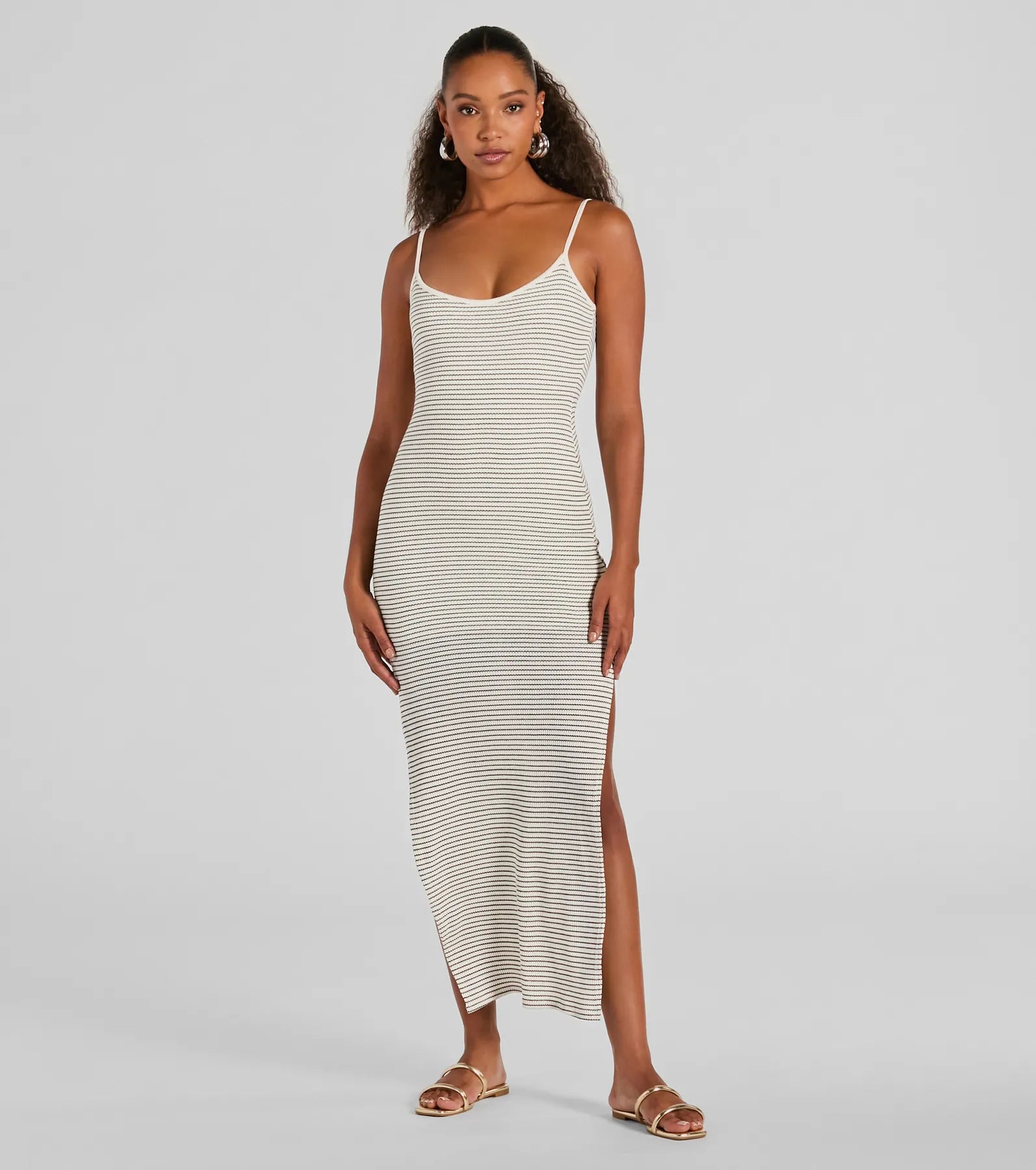 Weekend Vibes High Slit Striped Knit Maxi Dress - Image 4