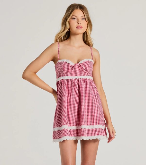 Life's A Picnic Sweetheart Lace Gingham Mini Dress - Image 2