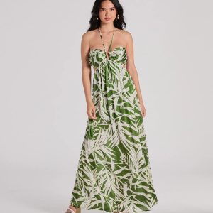 Bright Beauty Halter Cutout Tropical Maxi Dress