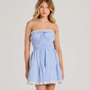 Cheerful Cutie Strapless Gingham Skater Dress