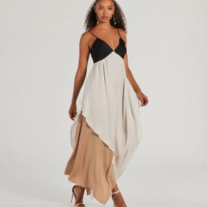 Chic Passion V-Neck Color Block Maxi Dress