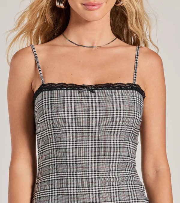 Adorably Chic Lace Trim Plaid Mini Dress - Image 4