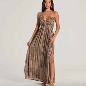 Bohemian-Chic Geometric Striped Halter Maxi Dress