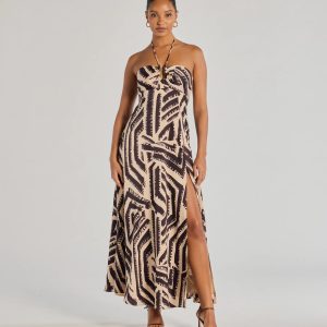 Chic Breezes Halter Boho Satin Maxi Dress