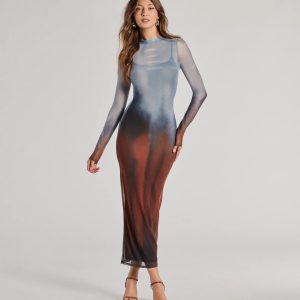 Sultry Silhouette Abstract Print Mesh Midi Dress