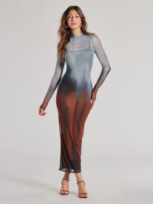 Sultry Silhouette Abstract Print Mesh Midi Dress
