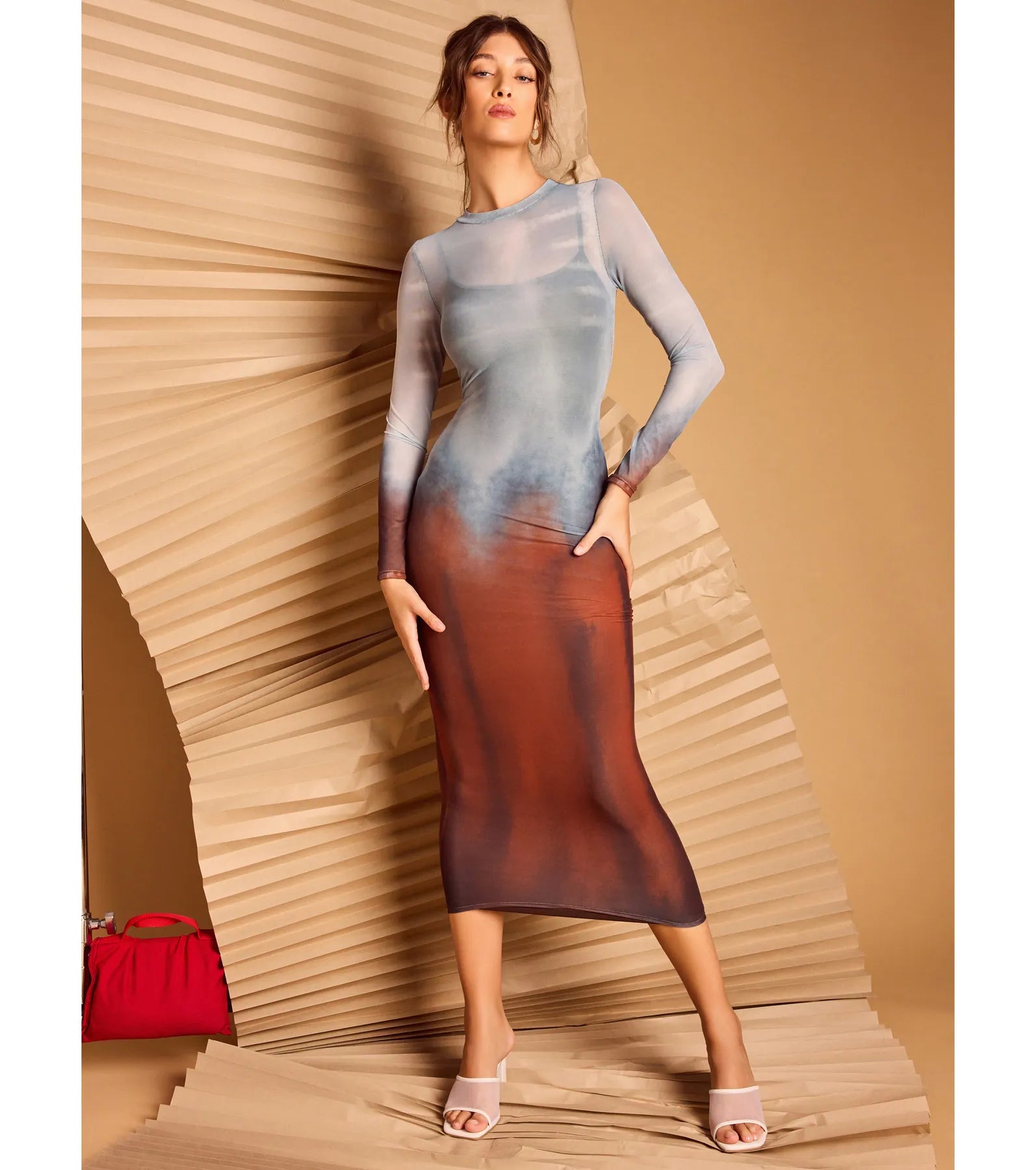 Sultry Silhouette Abstract Print Mesh Midi Dress - Image 5