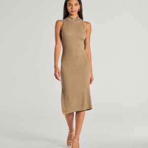 She's Stylish Mock Neck Cable Knit Midi Dress