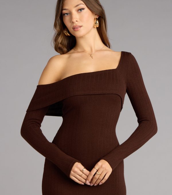 Chic Style Ribbed Knit Off-Shoulder Midi Dress - Image 3