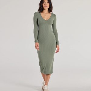 Casual Chic Style Long Sleeve Ribbed Knit Midi Dress