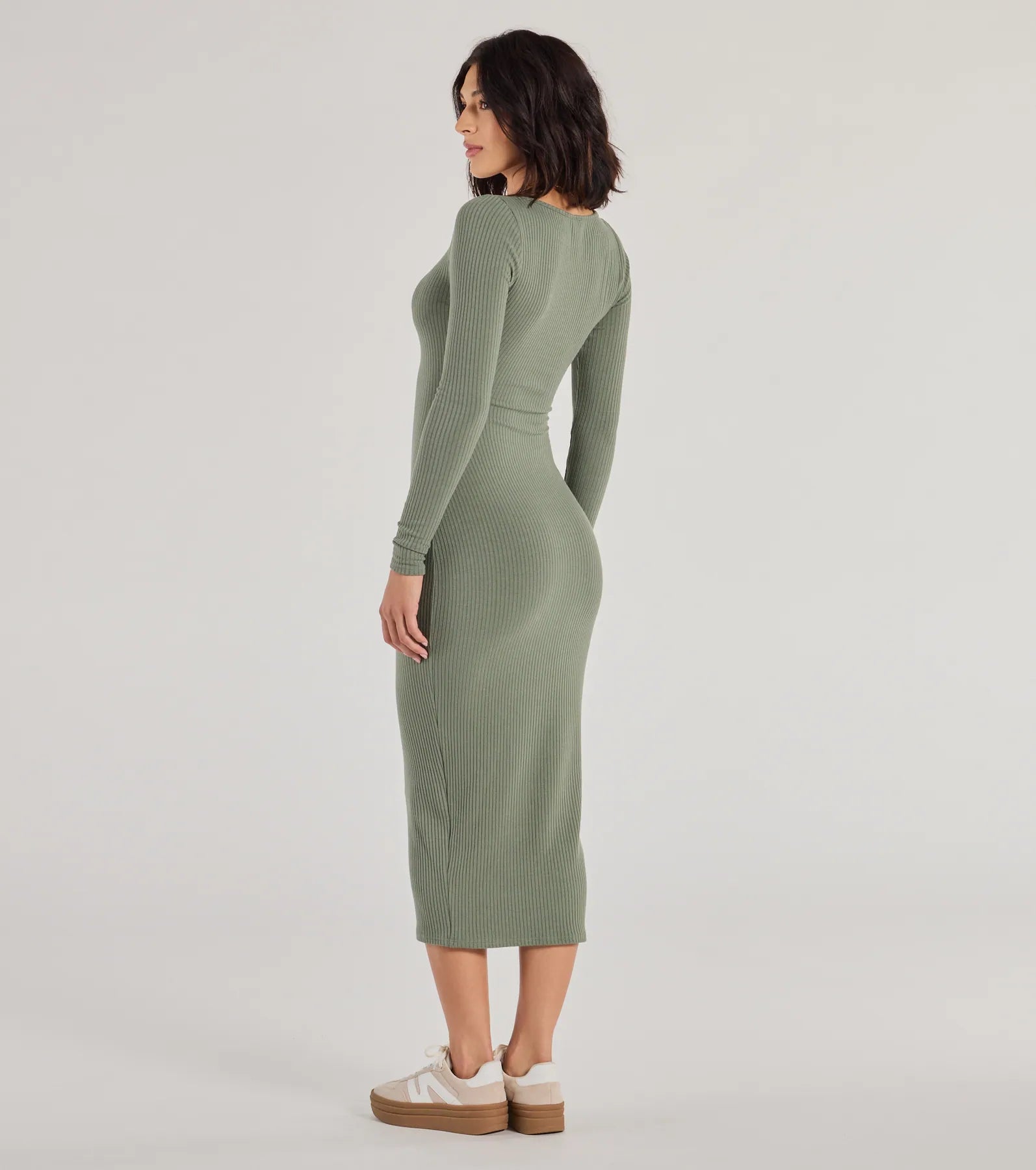 Casual Chic Style Long Sleeve Ribbed Knit Midi Dress - Image 2