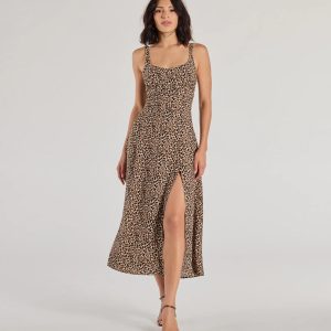 Elevated Leopard Print Woven A-Line Midi Dress