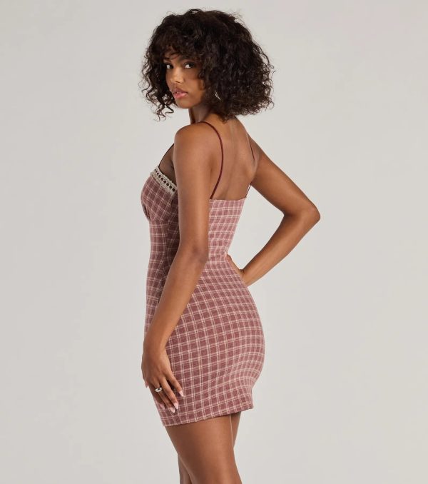Flirty Silhouette Lace Trim Plaid Mini Dress - Image 2