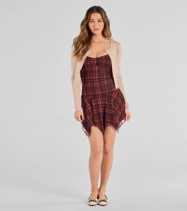 Edgy In Plaid Scoop Neck Mesh Mini Dress - Image 3