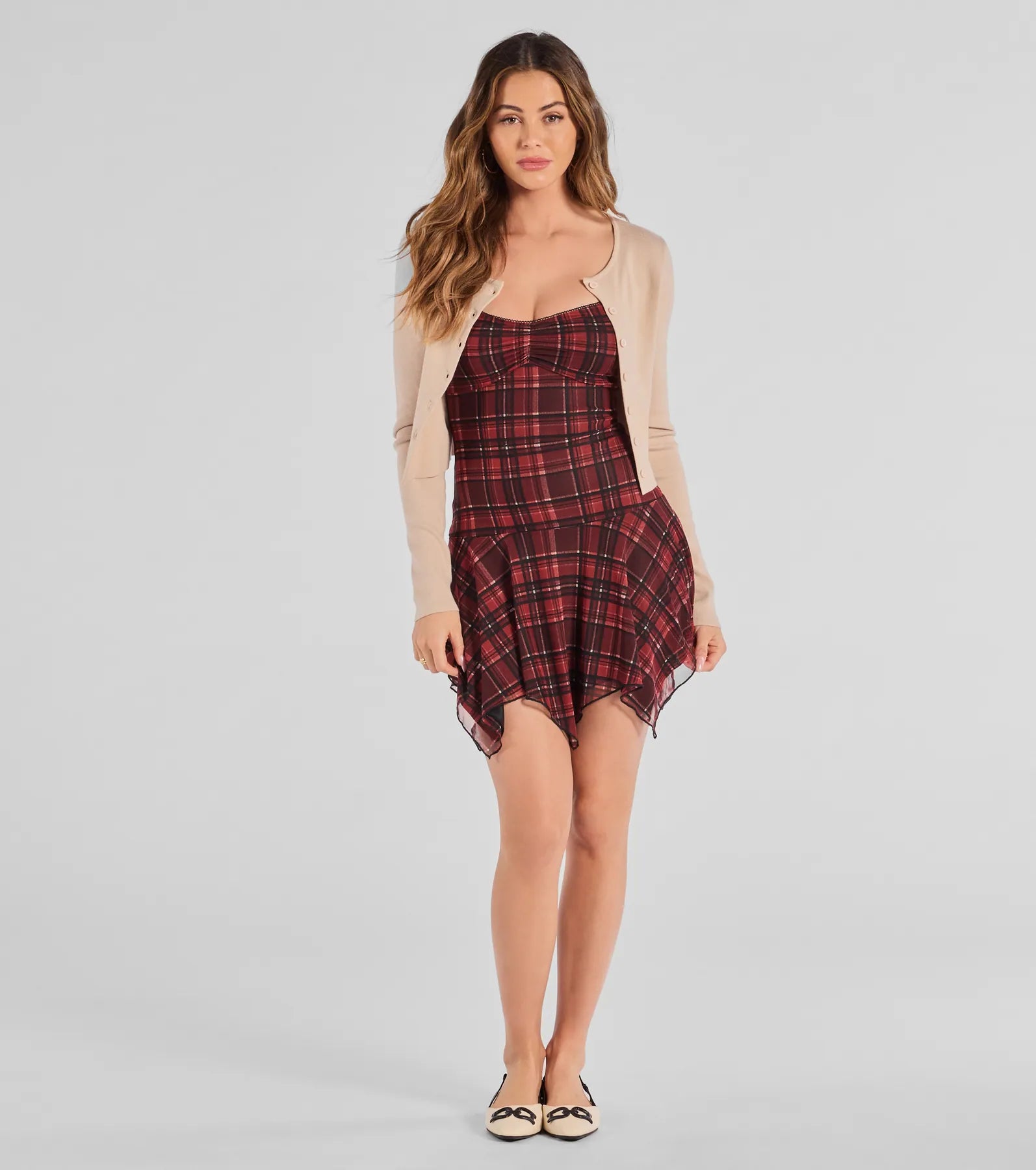 Edgy In Plaid Scoop Neck Mesh Mini Dress - Image 3