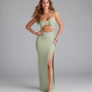 Vacay Mode Buckle Cutout Slit Maxi Dress