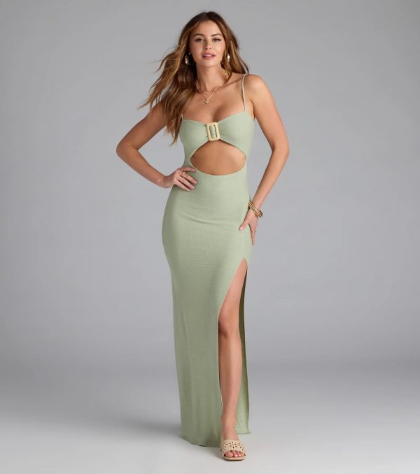 Vacay Mode Buckle Cutout Slit Maxi Dress