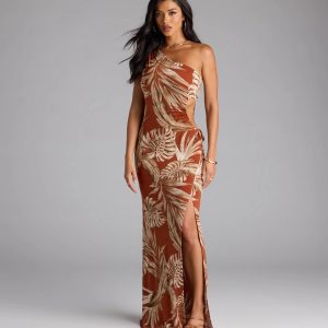 Island Style One-Shoulder Slit Tropical Maxi Dress