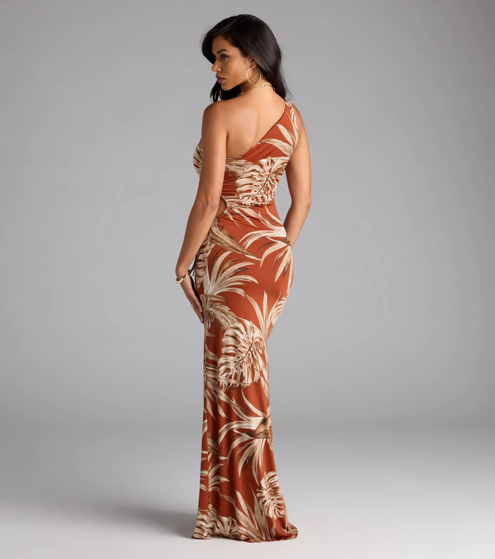 Island Style One-Shoulder Slit Tropical Maxi Dress - Image 2
