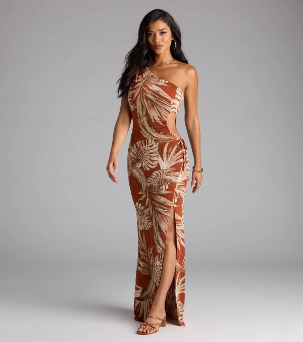 Island Style One-Shoulder Slit Tropical Maxi Dress - Image 4