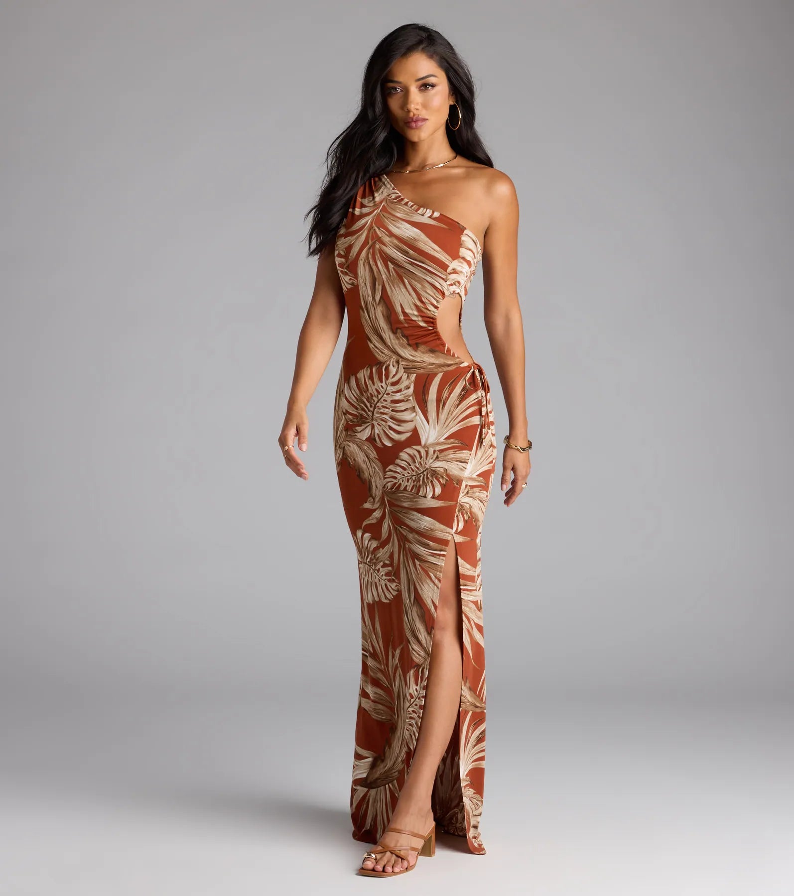 Island Style One-Shoulder Slit Tropical Maxi Dress - Image 4