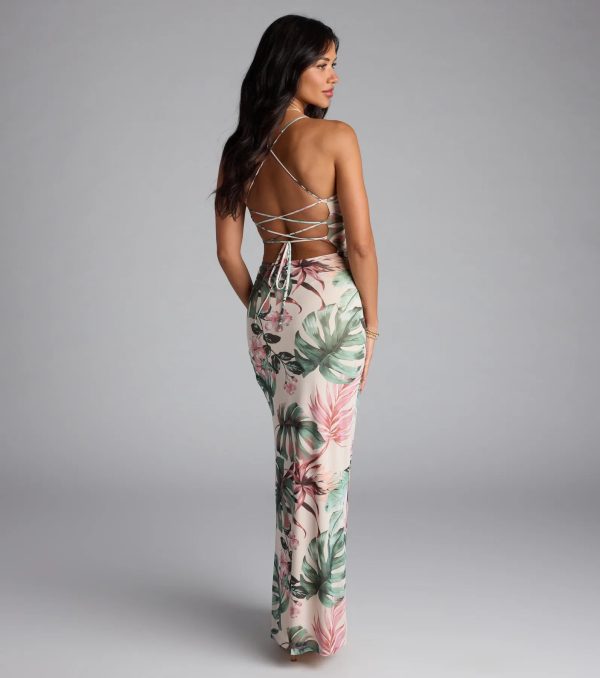 Kiss The Sun Tropical Lace-Up Slit Maxi Dress - Image 2