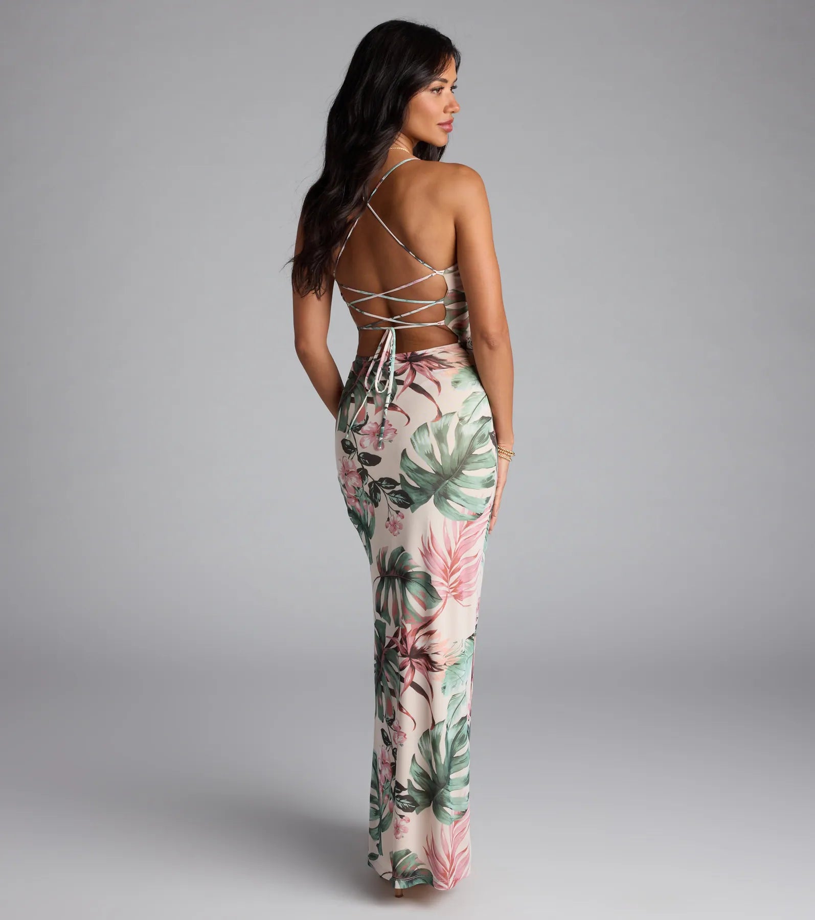 Kiss The Sun Tropical Lace-Up Slit Maxi Dress - Image 2