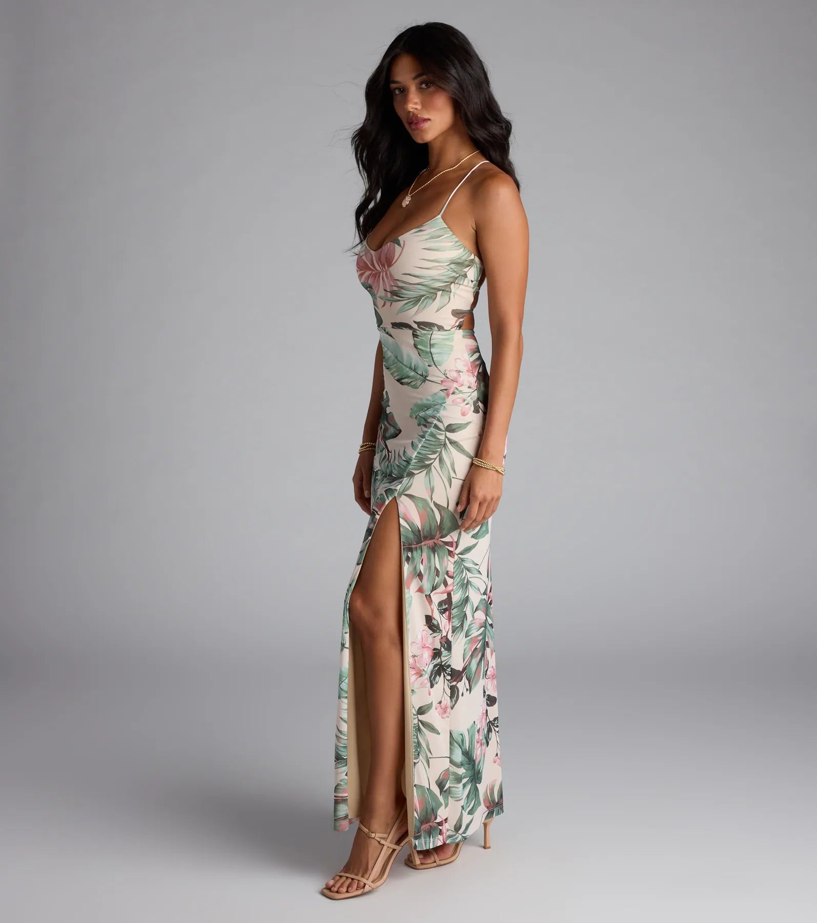 Kiss The Sun Tropical Lace-Up Slit Maxi Dress - Image 4