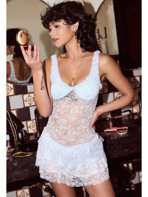 Dainty And Divine Sheer Lace Bodycon Ruffle Mini Dress
