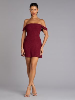Classic Glitz Glitter Knit Off-The-Shoulder Mini Dress