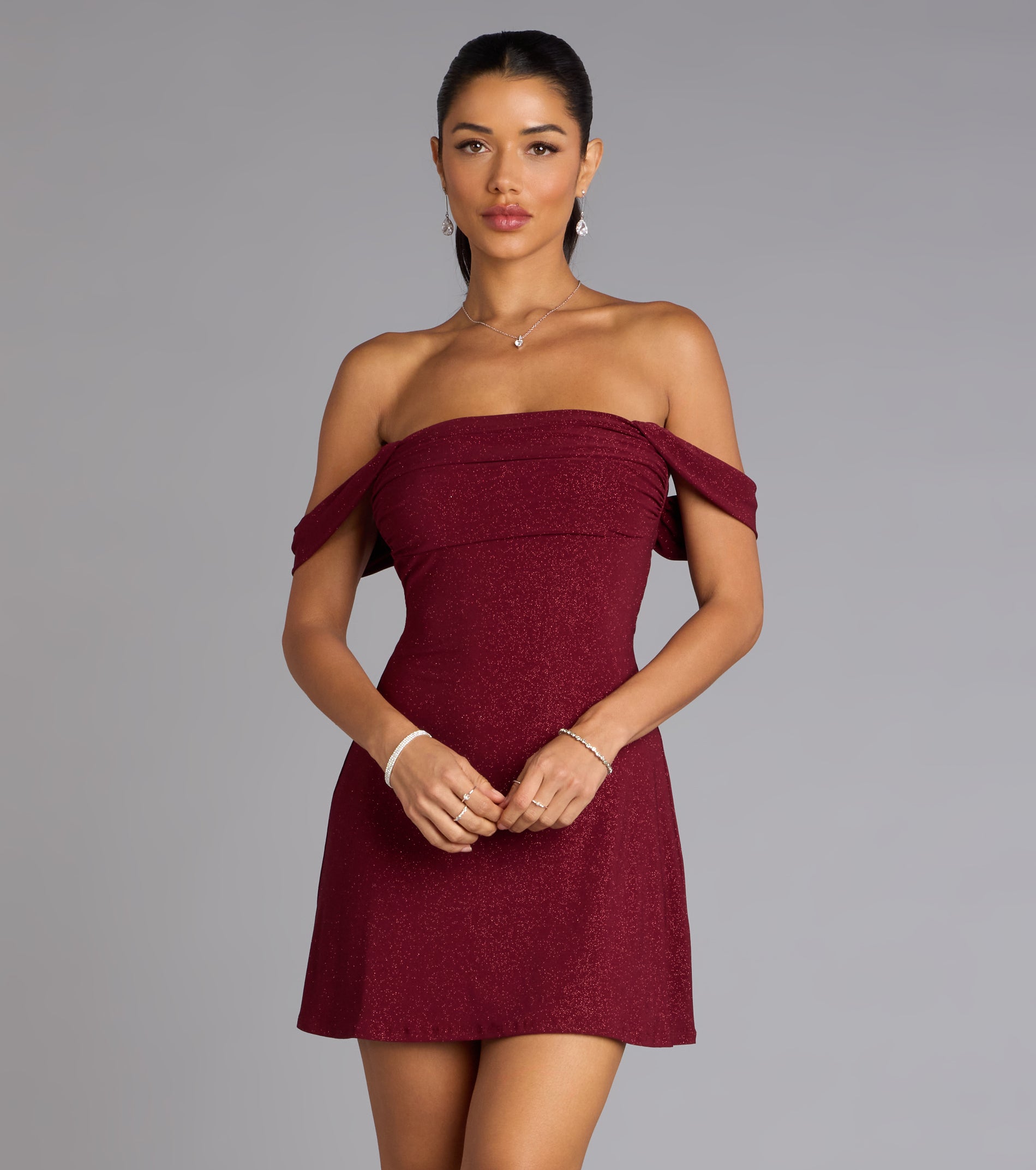 Classic Glitz Glitter Knit Off-The-Shoulder Mini Dress - Image 11