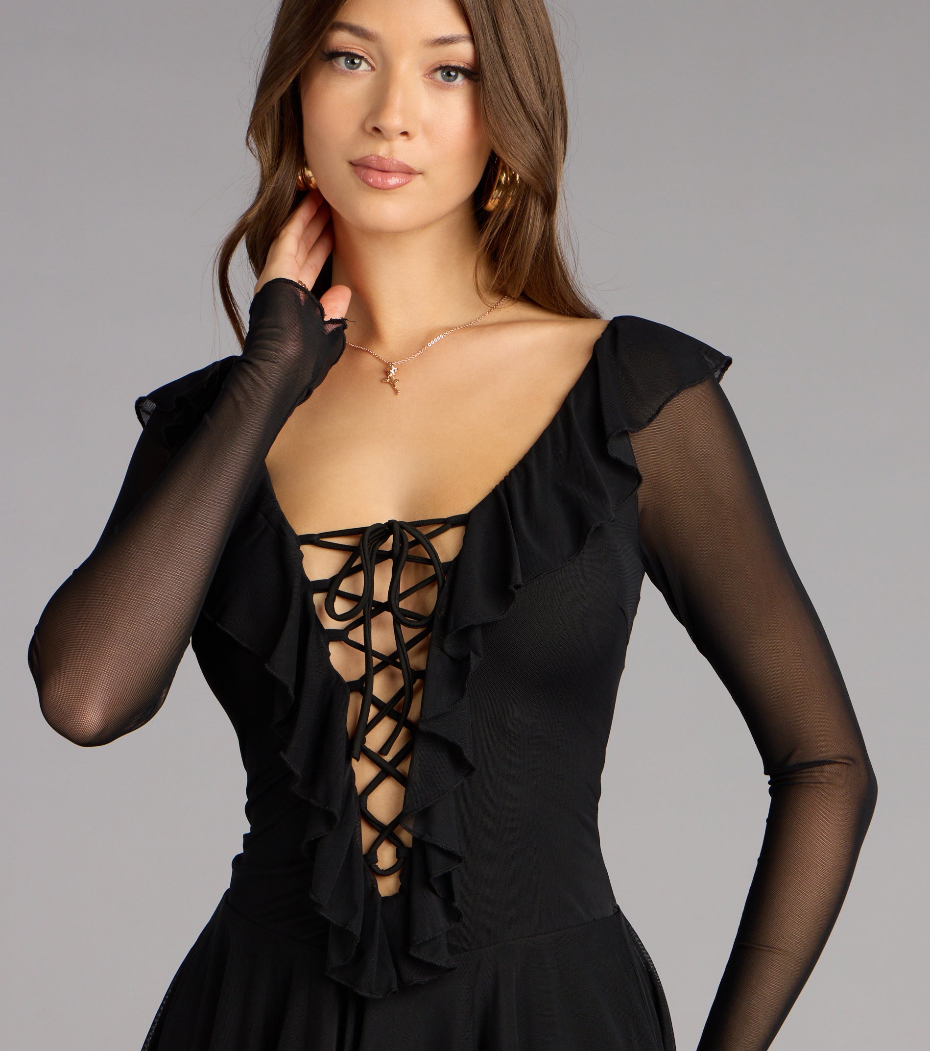 Lace-Up Moment Sheer Long Sleeve Mini Dress - Image 4