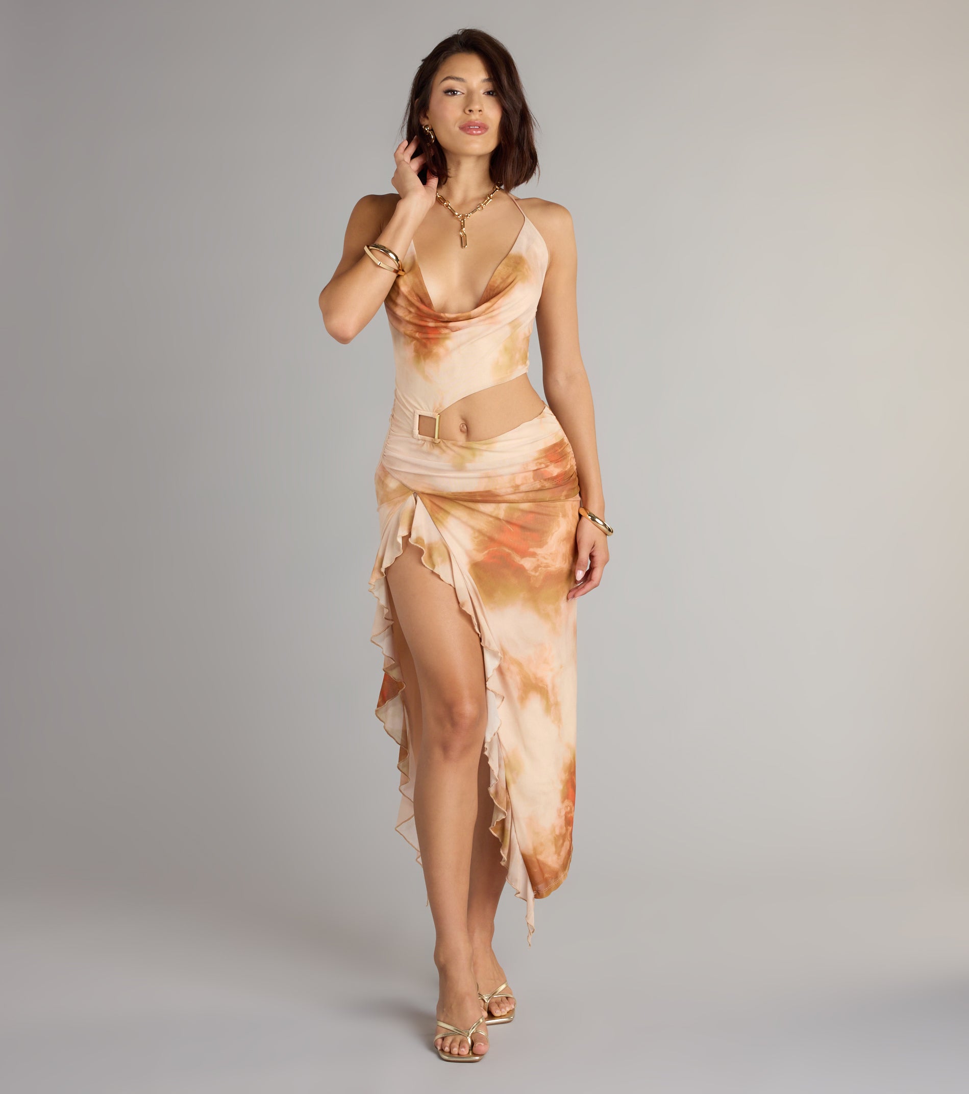 Golden Hour Glow Abstract Print Cutout Midi Dress - Image 2