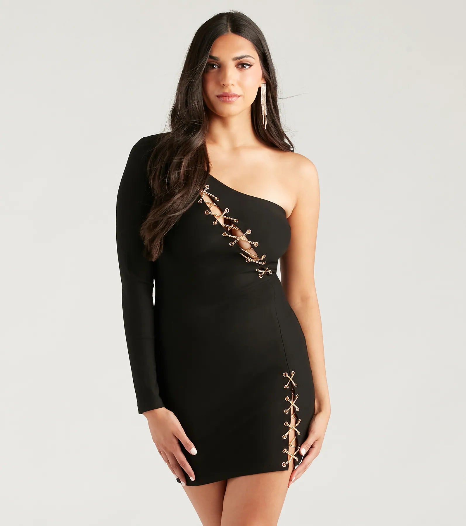 Smooth Vibration Ponte Chain Lace-Up Mini Dress - Image 3