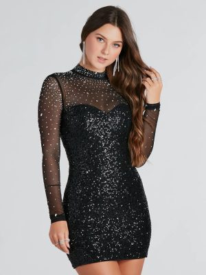 Perfection And Beauty Rhinestone Mock Neck Mini Dress