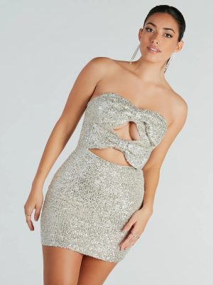 So Beloved Sequin Strapless Bow Mini Dress