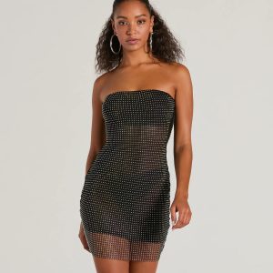 Dancing Babe Strapless Rhinestone Fishnet Mini Dress