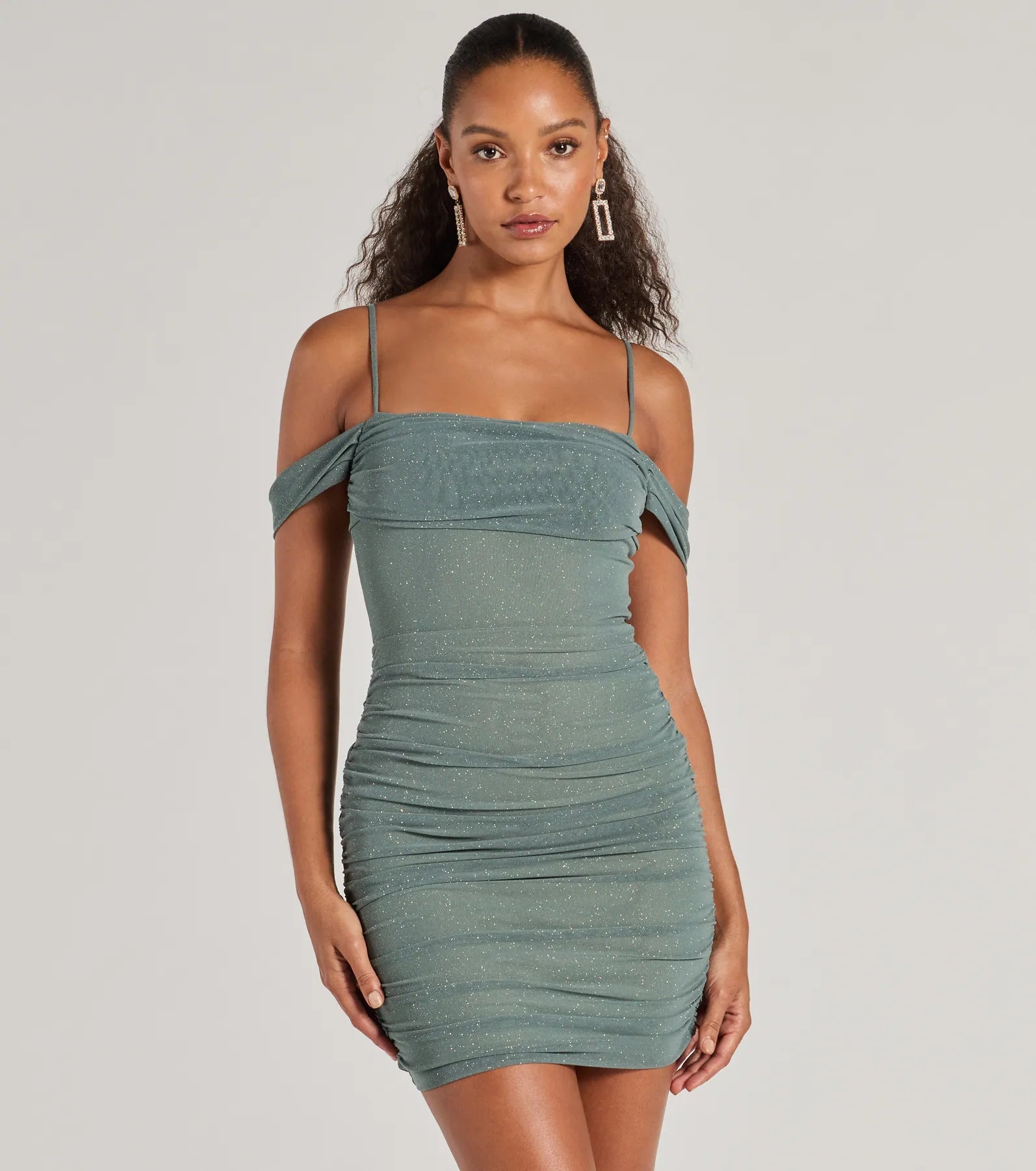 Glam Affair Cold-Shoulder Glitter Mesh Mini Dress - Image 5