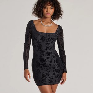 Chic Allure Floral Velvet Burnout Long Sleeve Mini Dress