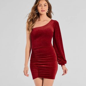 Luxe Alluring Glitter Velvet One-Shoulder Mini Dress