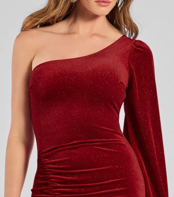 Luxe Alluring Glitter Velvet One-Shoulder Mini Dress - Image 5