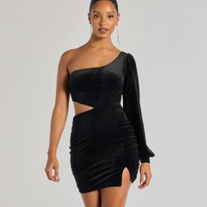 Spotlight Shine Long Sleeve Velvet Glitter Mini Dress